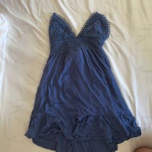 Blue lace top mini flowy dress tie back low cut